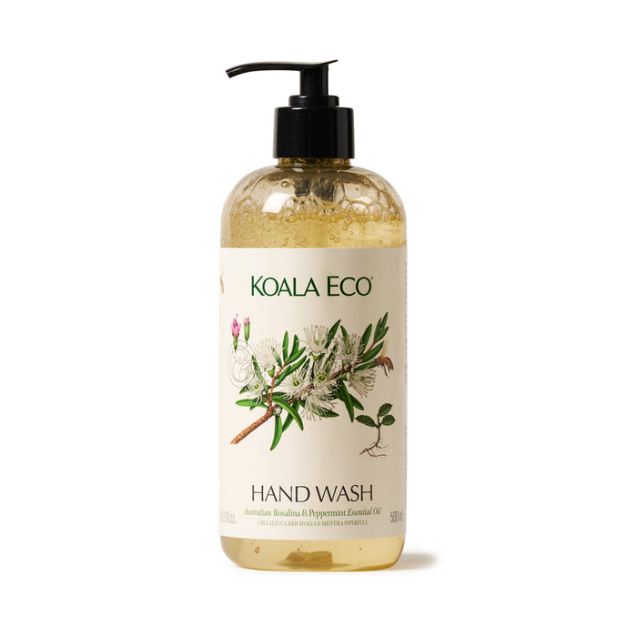 A clear bottle of Koala Eco Hand Wash with a black pump and a label showing botanical illustrations, highlighting this natural hand wash made with essential oils.