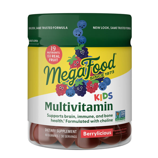 A jar of MegaFood Kids Multi Gummies features colorful fruit art and highlights support for brain, immune, and bone health with 19 nutrients plus real fruit. Each jar contains 60 tasty multivitamin gummies for kids.