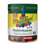 A jar of MegaFood Kids Multi Gummies features colorful fruit art and highlights support for brain, immune, and bone health with 19 nutrients plus real fruit. Each jar contains 60 tasty multivitamin gummies for kids.