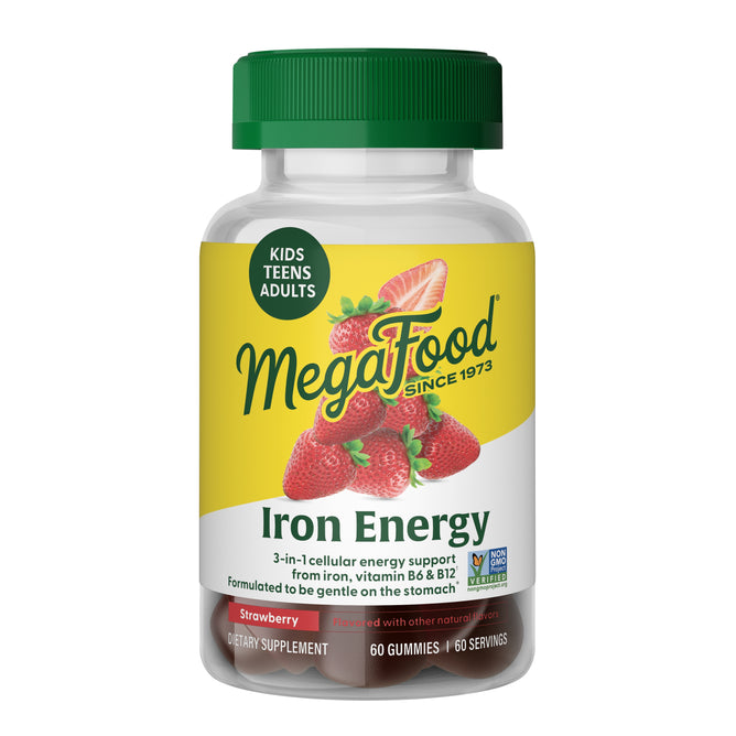 MegaFood Iron Energy Gummies, strawberry flavor, provide iron plus vitamins B6 & B12 for energy support. Each bottle contains 60 gummies suitable for kids, teens, and adults. The label features strawberries.