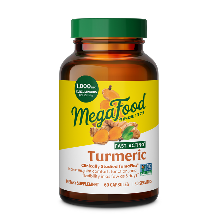 A bottle of MegaFood Fast Acting Turmeric contains 60 capsules (30 servings), delivering 1,000 mg curcuminoids per serving. The dietary joint supplement features a yellow and green label.