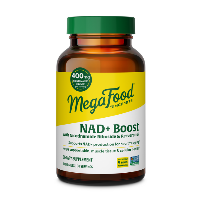 A brown bottle of MegaFood NAD+ Boost dietary supplement with a yellow and green label, featuring 400 mg Nicotinamide Riboside per serving and supporting healthy aging, skin, muscles, and cellular health.