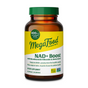 A brown bottle of MegaFood NAD+ Boost dietary supplement with a yellow and green label, featuring 400 mg Nicotinamide Riboside per serving and supporting healthy aging, skin, muscles, and cellular health.
