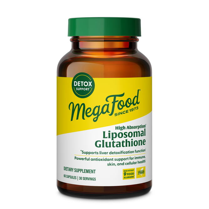 A brown bottle labeled MegaFood High Absorption Liposomal Glutathione, dietary supplement with 60 capsules. The label highlights antioxidant support, high absorption, and benefits for immune, skin, and liver health.