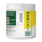 A white plastic container with a green and yellow label showing nutrition facts, certifications, QR code, barcode, and recycling symbols is shown from the side—ideal for MegaFood Relax & Calm Magnesium Powder Drink Mix.