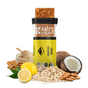 Kates Real Food Organic Energy Bar - Lemon Coconut, in yellow packaging and partially unwrapped, sits among almonds, organic oats, coconut halves, lemons, coconut flakes, and green leaves—a perfect energizing snack anytime.