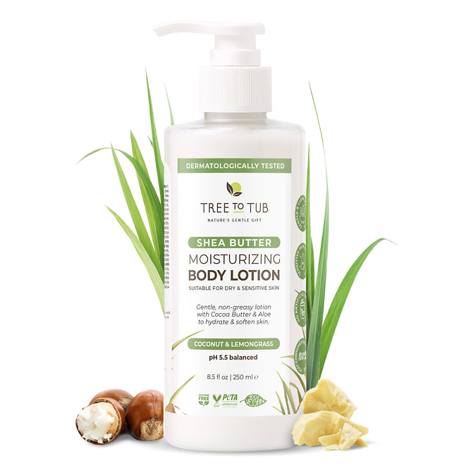 A bottle of Tree To Tub Soothing Coconut, Cocoa & Shea Butter Lotion for Body with a pump sits among shea nuts, lemongrass, and cocoa butter. The label features coconut & lemongrass scent, ideal for dry, sensitive skin.