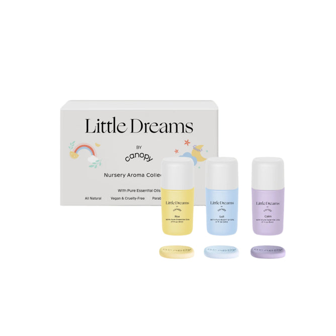 Little Dreams by Canoo nursery aroma collection with four bottles on a white background