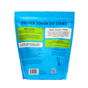 Back of an Aunt Fannie's Laundry Detergent Powder - Extra Strength pouch in blue, featuring white and yellow text on usage, ingredients, benefits such as “enzyme powered,” “tough on stains,” “no harsh chemicals,” and small illustrations below.