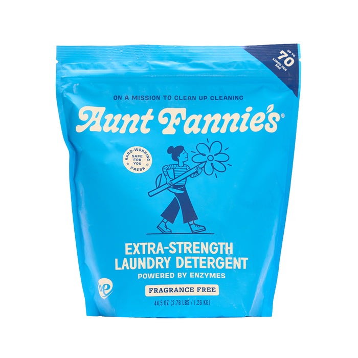 Aunt Fannie’s Laundry Detergent Powder - Extra Strength comes in a blue resealable pouch with a cartoon woman holding a mop. Enzyme powered, fragrance-free, it’s tough on stains and provides up to 70 loads per pack.