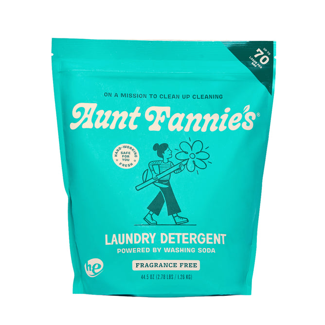 Aunt Fannie's Laundry Detergent Powder—Fragrance Free—comes in a turquoise pouch with a woman and large flower, highlights washing soda power, and provides 70 loads (4.5 lbs/2.72 kg).