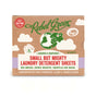 A box of Rebel Green Laundry Detergent Sheets includes 40 dissolvable sheets (80 loads), featuring zero waste, sustainable cleaning, gentle on skin, and enzyme-powered concentrate. Brown packaging with green and red accents.