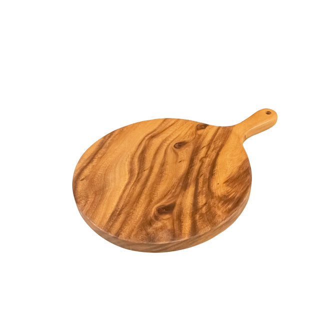The LIKHA Acacia Cutting Board - Round with handle showcases natural wood grain for an elegant, sustainable touch to your kitchen, isolated on a white background.