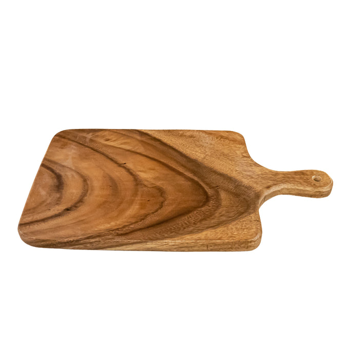 The LIKHA Acacia Cutting Board - Rectangle with handle showcases beautiful wood grain and a sleek design, ideal for sustainable kitchenware collections. Handcrafted from Acacia wood, it’s perfect for stylish kitchens.