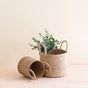 The LIKHA Abaca Cylinder Tabletop Baskets, a nested set of 2 with handles, sit on a light wooden surface—one upright holding green eucalyptus branches, the other lying empty. Handcrafted from Manila hemp, they pop against the plain beige background.