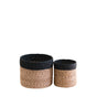 The LIKHA Abaca Cylinder Tabletop Basket, a nested set of 2 ethically made baskets handwoven from sustainable Manila hemp, is shown side by side on a white background with the larger basket on the left.