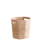 The LIKHA Abaca Octagon Basket, crafted in a distinctive geometric shape, has two handles wrapped in light pink and is shown against a white background.
