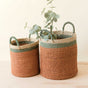 The LIKHA Abaca Cylinder Basket with handles, a nested set of 2, features green and natural stripes at the top. The larger basket holds eucalyptus branches, while the smaller sits empty on a light surface.