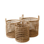 The LIKHA Seagrass Rope Open Weave Cylinder Baskets, nested set of 3 with handles, are attractively displayed together against a white background.