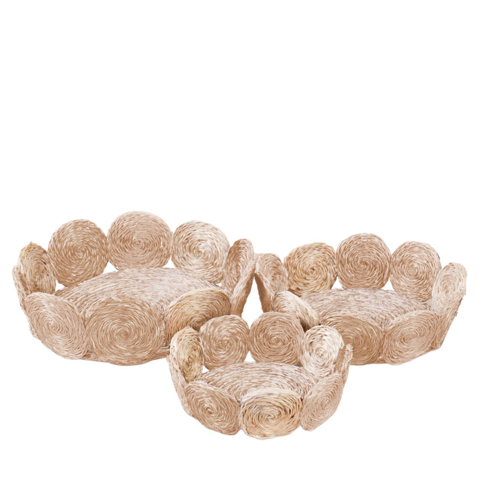 The LIKHA Abaca Fruit Basket Circles, set of 3, features round handcrafted baskets in varying sizes with raised swirl designs, made from sustainable abaca fiber in light tones—an elegant natural accent for any space.