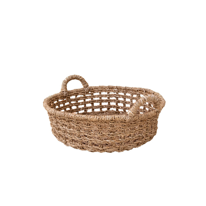 The LIKHA Abaca Round Tray Open Weave with Cutout Handles is ethically crafted from natural Manila hemp fibers, featuring open sides and two cutout handles, shown against a white background.
