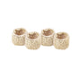 The LIKHA Raffia Napkin Rings, set of 4, are displayed in a row on a white background, highlighting their rustic elegance and natural raffia crochet craftsmanship.