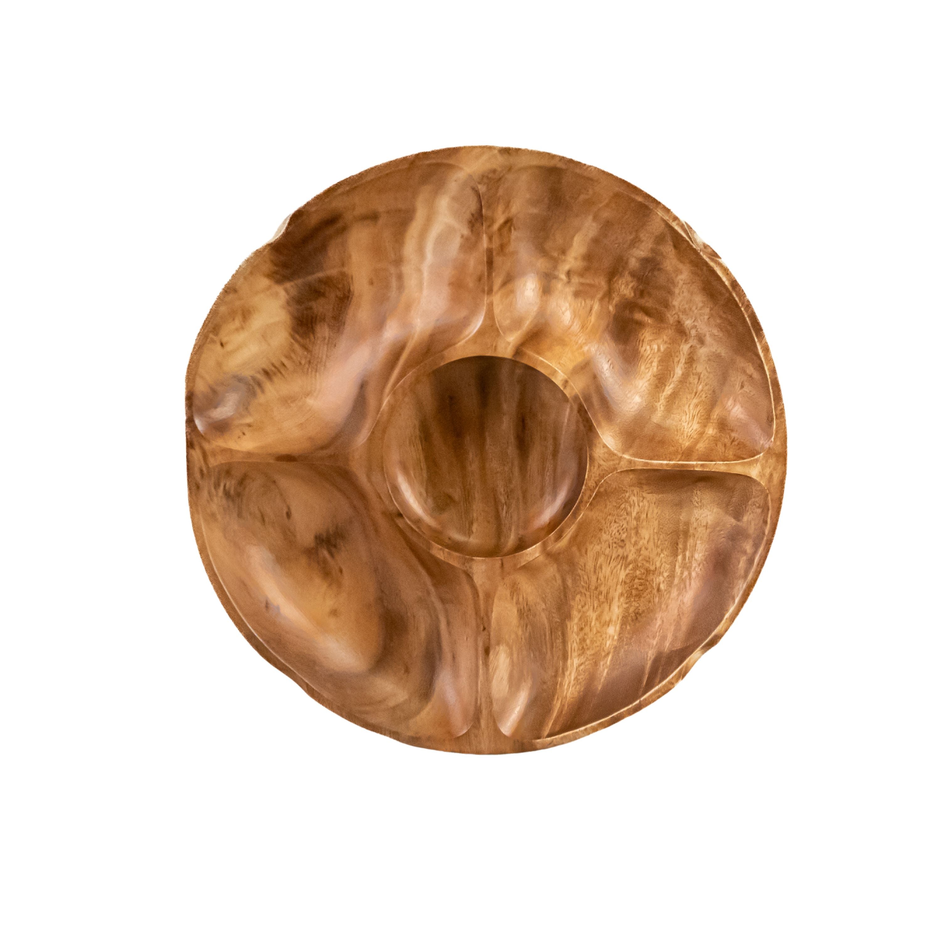 The LIKHA Acacia Serving Tray 5-Compartment features polished, swirling acacia wood grain and is photographed from above on a white background. Ethically made, it combines beauty with sustainability.