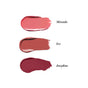 Three lipstick swatches on a white background: pink (Miranda), mauve (Eve), and deep berry (Josephine) from the RMS Beauty Legends to Love Kit—full-size serum lipsticks for lasting lip color.