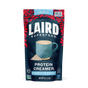 A bag of Laird Superfood Protein Superfood Creamer, featuring red leaf accents and 12g vegan protein per serving, is shown beside a blue coffee mug and powder. The creamer contains plant-based protein and superfood ingredients.