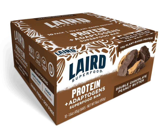 A brown box of Laird Superfood Double Chocolate Peanut Butter Protein Bars—vegan, plant-based protein bars with chocolate pieces and peanuts. Each box contains 10 bars, perfect for a delicious and satisfying snack.