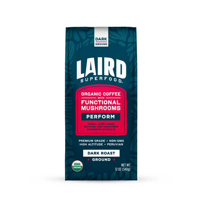 A bag of Laird Superfood Perform Functional Mushroom Ground Organic Coffee - Dark, a USDA organic adaptogenic blend with Peruvian dark roast, cacao, lion’s mane, maitake, and cordyceps.