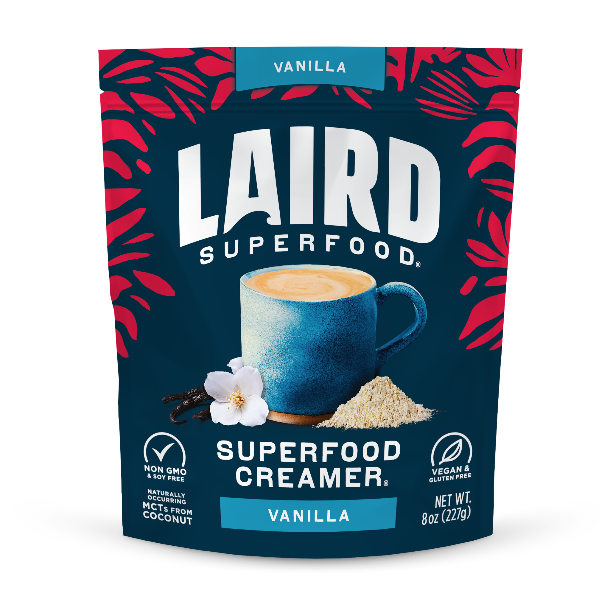 A blue package of Laird Superfood Vanilla Superfood Creamer shows a coffee cup, real vanilla extract, vanilla pods, and creamer powder. The packaging highlights that it is vegan, gluten-free, and non-GMO.