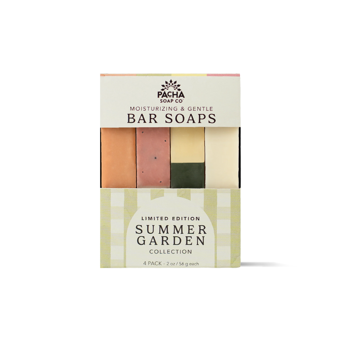 The Pacha Soap Co. Bar Soap Set – Summer Garden is a limited edition box of four moisturizing, gentle artisanal bars made with clean ingredients, each a different color and visible through the packaging.