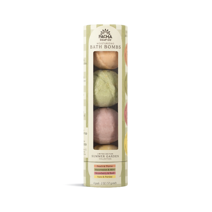 A cylindrical package of Pacha Soap Co. Bath Bomb Set - Summer Garden features assorted colors, scent labels, and a checkered design on the left for a fragrant bathing escape.