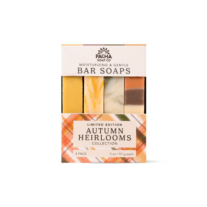 The Pacha Soap Co. Bar Soap Set - Autumn Heirlooms Collection features four colorful, patterned vegan cold-processed soaps in a plaid-themed package labeled “Moisturizing & Gentle” and “Limited Edition,” crafted to infuse your daily routine with cozy fall-inspired aromas.