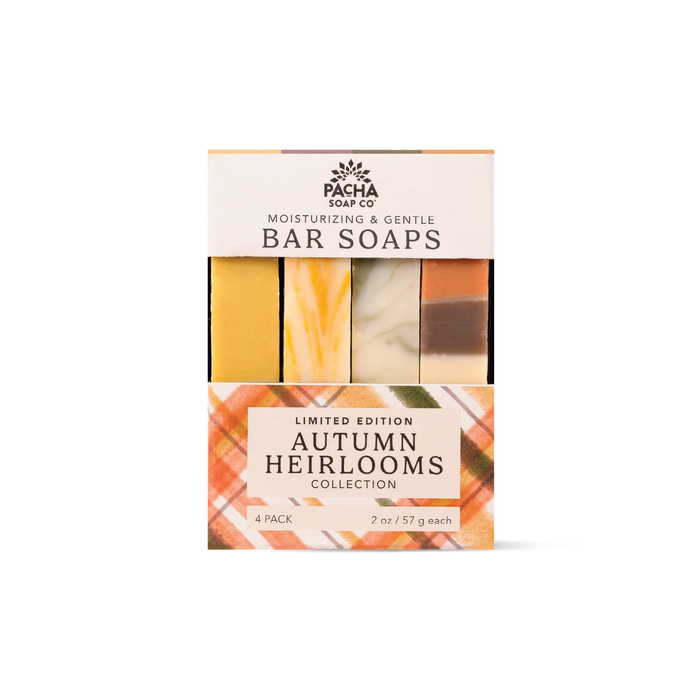 The Pacha Soap Co. Bar Soap Set - Autumn Heirlooms Collection features four colorful, patterned vegan cold-processed soaps in a plaid-themed package labeled “Moisturizing & Gentle” and “Limited Edition,” crafted to infuse your daily routine with cozy fall-inspired aromas.