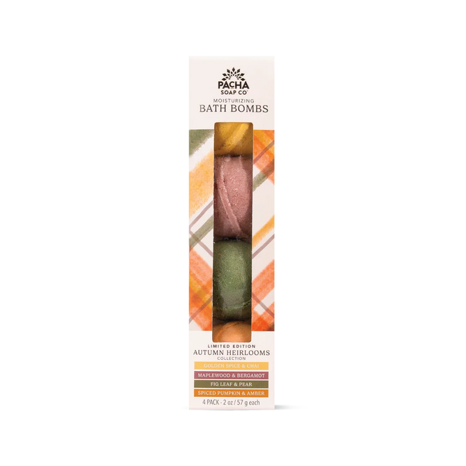 A box of Pacha Soap Co. Bath Bomb Set - Autumn Heirlooms Collection, featuring four colorful vegan bath bombs in yellow, pink, green, and orange with plaid-designed packaging and infused with a cozy fall fragrance.