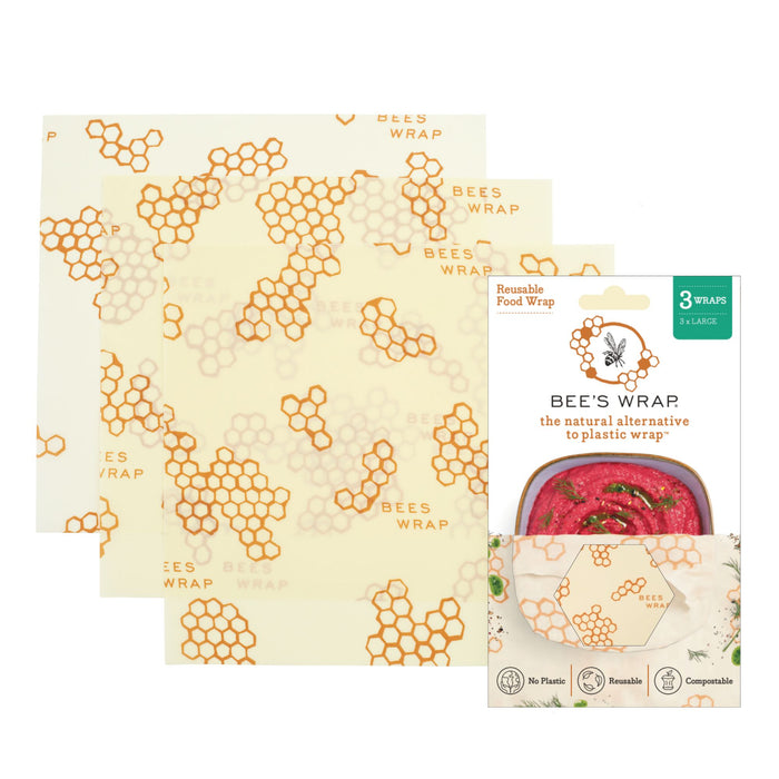 Three large Bee's Wrap Beeswax Wraps for Food with honeycomb patterns and branded packaging. The package highlights these wraps as reusable, compostable, and a sustainable alternative to plastic wrap for food storage.