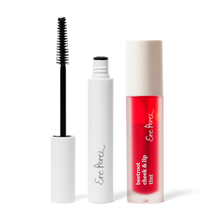 The Ere Perez Lash to Lip Party-Proof Duo showcases Avocado Waterproof Mascara and Beetroot Cheek & Lip Tint, both standing upright against a white background—ideal for long-lasting beauty.