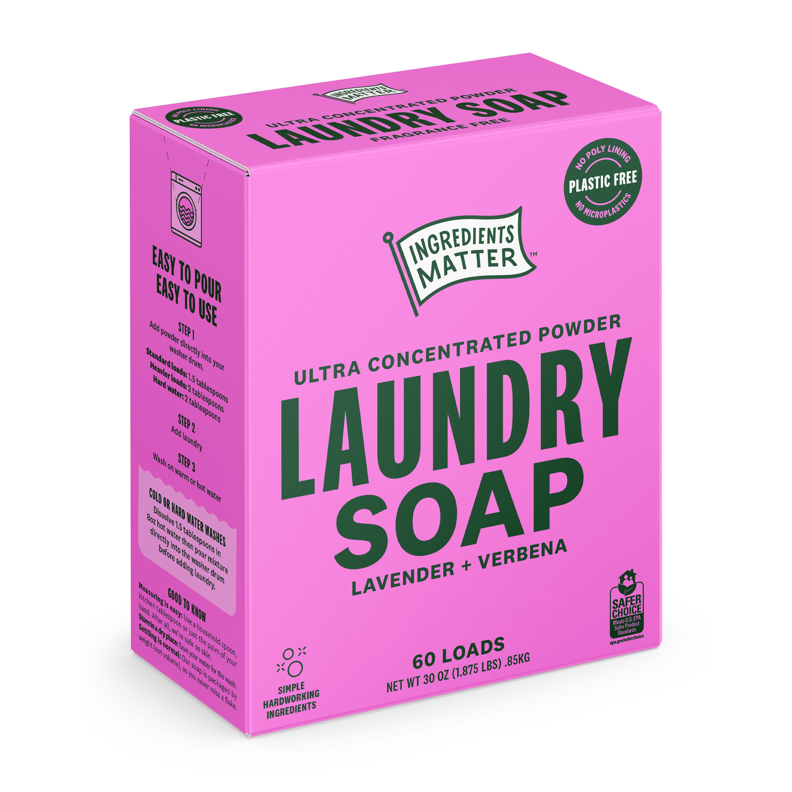 A plastic-free box of Ingredients Matter Laundry Soap Powder 60 Load in Lavender + Verbena scent. Safer Choice certified, eco-friendly packaging, and ultra-concentrated for effective, sustainable laundry care.