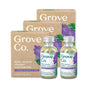 Two glass bottles and two cardboard boxes of Grove Co. Daily Shower Refill - Lavender Blossom & Thyme, a plant-based cleaner with purple flower graphics, made for refillable cleaning systems.