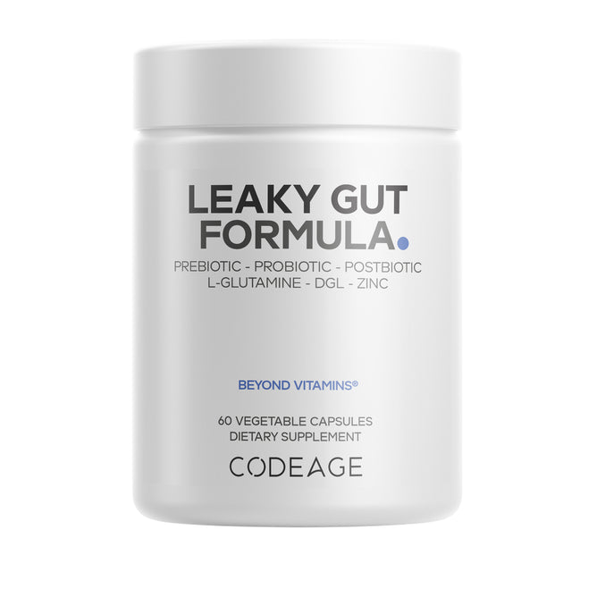 A white bottle of Codeage Leaky Gut Formula contains 60 vegetable capsules. The label lists probiotics and L-glutamine as ingredients and displays the brand name Codeage at the bottom.