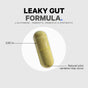 An image displays a beige Leaky Gut Formula capsule by Codeage, highlighting L-glutamine and probiotics as key ingredients. The capsule measures 0.90 in, and notes mention that natural color variation may occur in this supplement.