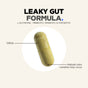 A Codeage Leaky Gut Formula Capsule is shown, with text highlighting its size (0.90 in) and noting natural color variation. This advanced formula contains L-glutamine along with prebiotic, probiotic, and postbiotic ingredients to support gut health.