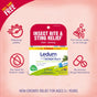 Box of Boiron Ledum Palustre 6C Meltaway Pellets + Bonus Pack for insect bite and sting relief, formulated with homeopathic Ledum palustre 6C to provide gentle bug bite relief. Highlights include no drowsiness, no water needed, no drug interactions, and suitability for ages 2+, all presented with easy-to-read icons on a pink background.