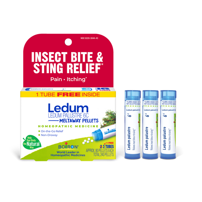 Boiron Ledum Palustre 6C Meltaway Pellets + Bonus Pack—Insect Bite & Sting Relief—combine trusted homeopathic medicine for bug bites in a convenient value pack featuring three tubes plus one free, all naturally formulated to be non-drowsy and clearly labeled as such on the box.