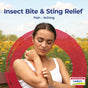 A woman outdoors scratches her arm, showing signs of discomfort. The text reads "Ledum Palustre 6C Meltaway Pellets + Bonus Pack - Insect Bite & Sting Relief," highlighting relief for pain and itching. The trusted homeopathic medicine from Boiron features Ledum palustre 6C for bug bite relief, with Boiron branding and wildflowers visible in the background.