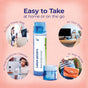 A Boiron Ledum Palustre 6C Meltaway Pellets + Bonus Pack tube is displayed with the words "Easy to Take at home or on the go," alongside images of the product in a travel bag, on a desk, in a medicine cabinet, and inside a purse. This convenient Boiron homeopathic medicine is ideal for fast insect bite and sting relief wherever you are.