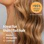 Close-up of a woman’s wavy, blonde hair (face not visible) with text: +95% natural origin, Ideal for thin/flat hair, Bouncy, Manageable, Luminous. Features ATTITUDE super leaves Conditioner Volume & Shine Bar.