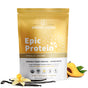 A yellow and white bag of Sprout Livings Epic Protein in Vanilla Lucuma flavor, enriched with superfoods and labeled organic and non-GMO, is showcased next to vanilla pods and sliced lucuma fruit.